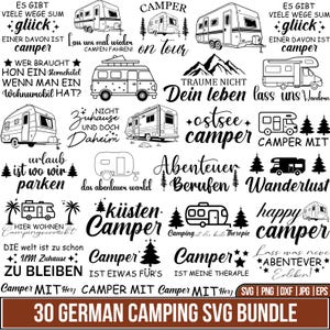 May include: A collection of black and white camper and travel-themed SVG designs. The designs include various camper illustrations, phrases like "Happy Camper," and German text such as "30 German Camping SVG Bundle."