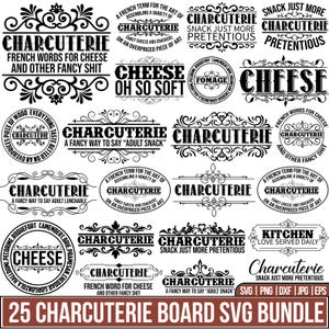 May include: A collection of 25 charcuterie board SVG designs in black and white. The designs include text such as "Charcuterie," "Cheese," and various phrases related to cheese and snacks. The bundle includes SVG, PNG, DXF, JPG, and EPS files.