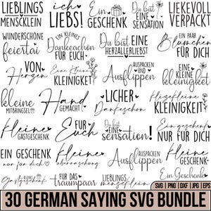 以下が含まれることがあります： 手書き風の様々なドイツ語のフレーズが特徴の白黒グラフィック。フレーズには「Lieblings」、「Geschenk」、「Du bist eine Sensation」が含まれます。画像はSVGファイルのバンドルです。