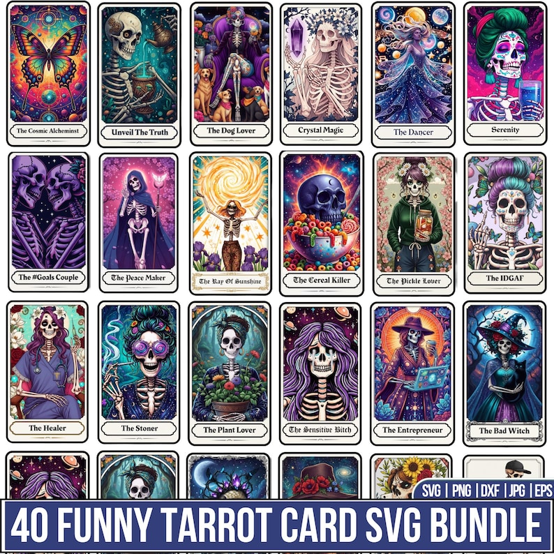 Puede incluir: Un conjunto de 40 dise&ntilde;os de cartas del tarot con ilustraciones de esqueletos caprichosos. Cada carta tiene un tema &uacute;nico, como "El Alquimista C&oacute;smico", "El Amante de los Perros" y "El Emprendedor". El paquete incluye formatos de archivo SVG, PNG, DXF, JPG y EPS.