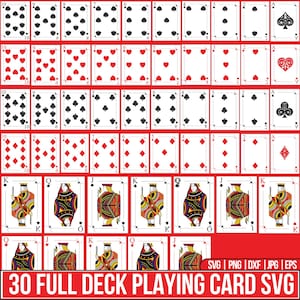 Pacote de cartas de baralho completo em SVG, cartas de pôquer em SVG, baralho completo, ases em SVG, Royal Flush, clipart de cartas, naipes de cartas para Cricut