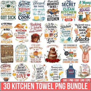 Könnte beinhalten: Eine Sammlung von 30 PNG-Designs zum Thema Küche mit Zitaten wie "Die geheime Zutat ist immer Liebe" und "Wenn Sie Frühstück im Bett möchten". Die Designs umfassen Illustrationen von Lebensmitteln, Küchenutensilien und dekorativen Elementen.
