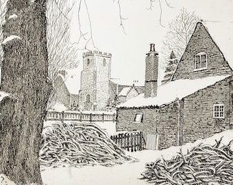 A Cottage Under Snow | Hand-painted intaglio print