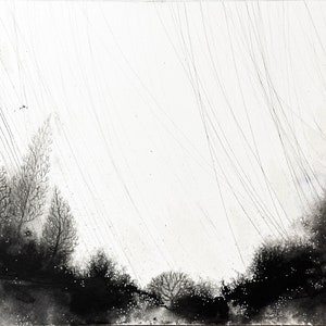 A black and white ink painting on watercolor paper, mounted to a cradles wood panel. A sloping ground with small trees and shrubs in depicted, with soft rains and tiny twinkling lights or fireflies.