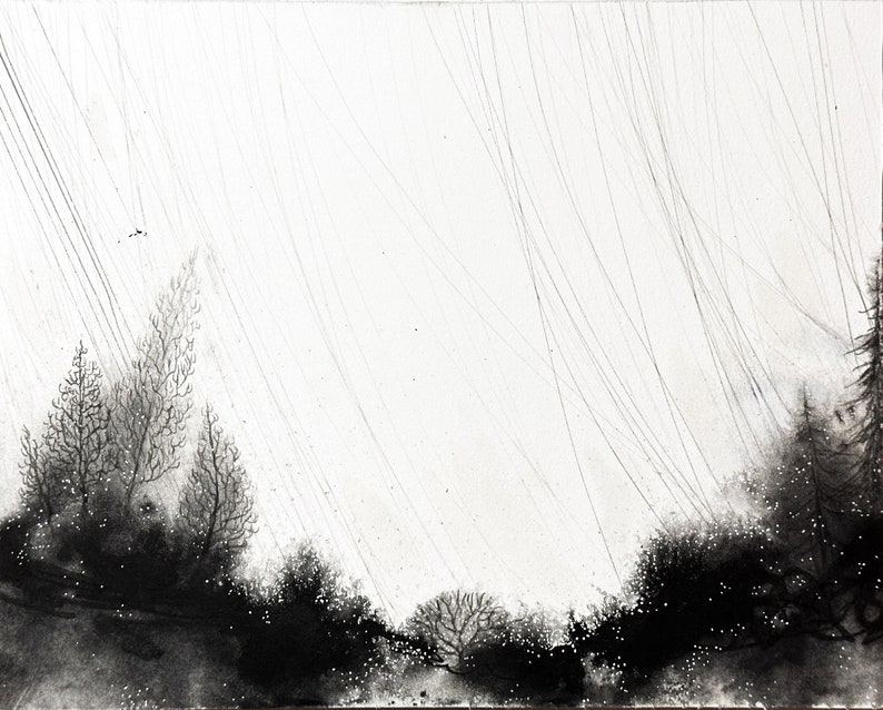A black and white ink painting on watercolor paper, mounted to a cradles wood panel. A sloping ground with small trees and shrubs in depicted, with soft rains and tiny twinkling lights or fireflies.