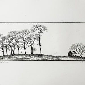 Etching showing a small house beneath a tree at the base of a gentle grassy slope; a stand of very tall leafless trees is at the top of the slope. Remaining photos show close-up details of same.