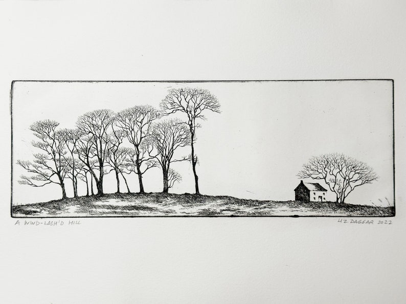 Etching showing a small house beneath a tree at the base of a gentle grassy slope; a stand of very tall leafless trees is at the top of the slope. Remaining photos show close-up details of same.