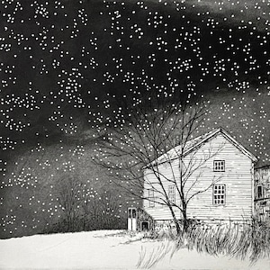 Etching of a square old clapboard house in a neglected yard. A winter tree stands next to it, and the sky is dark; snow is falling.