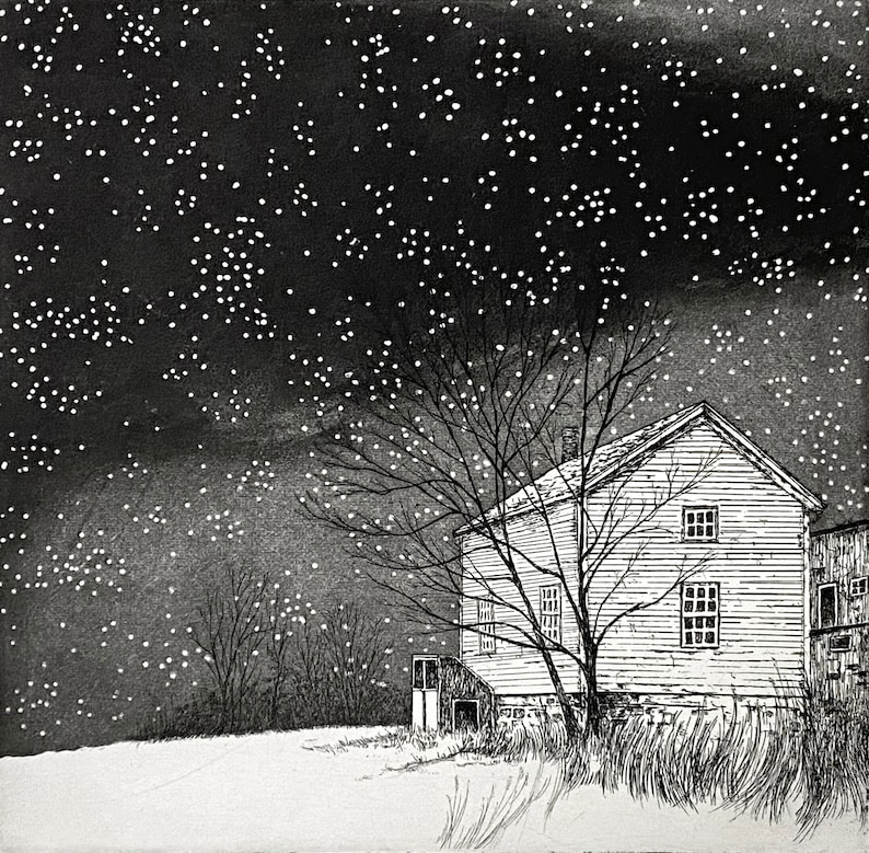 Etching of a square old clapboard house in a neglected yard. A winter tree stands next to it, and the sky is dark; snow is falling.