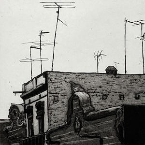 May include: A black and white illustration of a brick building with multiple antennas on the roof. The building has a decorative detail on the side.