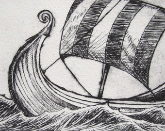 Viking Ship drypoint print