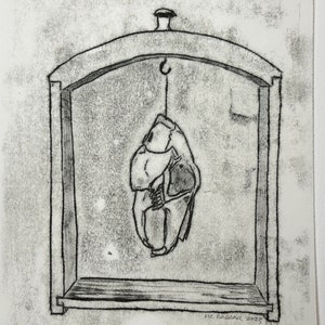 Image of a back and white trace monoprint of a small mammal skull, suspended from a string in a small, arched shadow box. Following images show details of same.