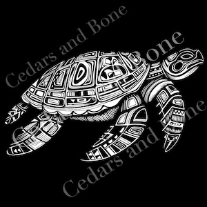 May include: Black and white illustration of a stylized turtle with intricate geometric patterns on its shell and body.