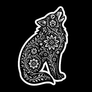 May include: A white floral wolf design on a black background. The wolf is howling, with intricate floral and leaf patterns filling its silhouette. The design includes flowers, leaves, and a paw print.