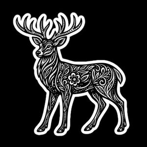 Könnte beinhalten: Schwarz-weiße Illustration eines Hirsches mit aufwendigen Blumen- und Blattmustern. Der Hirsch hat ein großes Geweih und ist weiß umrandet, vor schwarzem Hintergrund.
