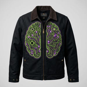 Giacca da lavoro ricamata con tema AI Coding: design di reti neurali cyberpunk per ingegneri del software e professionisti del settore tecnologico.