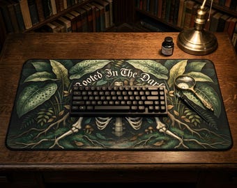 Alocasia Plant Lover Desk Mat: Dark Academia Gothic Skeleton Ribcage Botanical Desk Pad, Witchy Office Decor