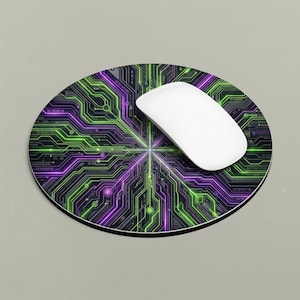 May include: An oval mouse mat featuring a green and purple circuit board design. A white wireless mouse sits on the mat. The design includes lines and binary code.