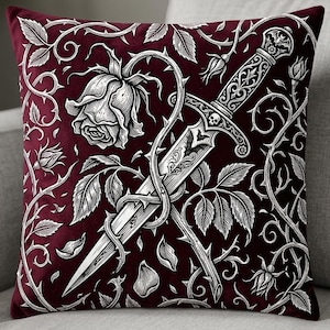 Gothic Velvet Throw Pillow: Vamp Romantic Botanical Withered Rose and Dagger Art for Moody Home Decor
