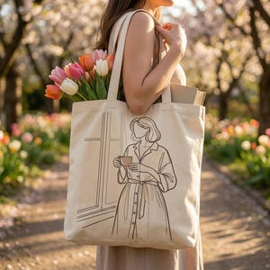 Minimalist Daster Coklat Tote Bag: Organic Cotton Slow Living Art, Elegant House Dress Illustration, Eco Friendly Mother's Day Gift