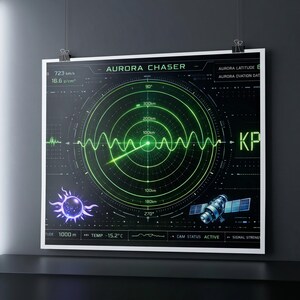 May include: A framed poster with a futuristic design, featuring the text "AURORA CHASER." The poster has a dark background with green and white graphics, including a circular radar-like display, a satellite, and a sun-like image. The temperature is -15.2°C.