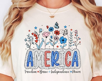 Comfort Colors® Floral America Shirt , Floral Brushstroke USA Tee, Retro America , 4th Of July shirt, Patriotic shirt