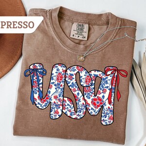 Comfort Colors®USA Floral Bow Shirt, Cute 4th of July T-Shirt, Red White Blue USA Tee, Cute America Shirt Gift,Independence Day Shirt