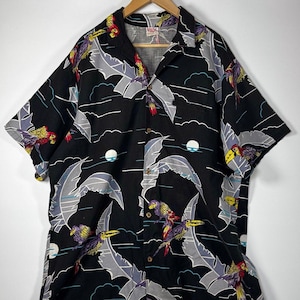 Vintage Barefoot in Paradise Hawaiian Shirt 2XL Tall: Black Tropical Parrot Print
