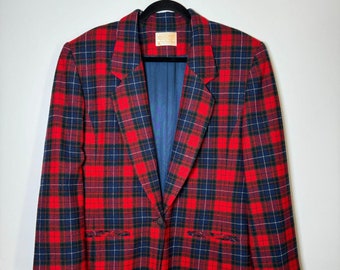 Blazer vintage de lana Pendleton: cuadros escoceses en rojo y azul marino, talla 46, fabricado en EE. UU.