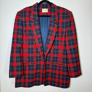 Vintage Pendleton Wool Blazer: Red Navy Tartan Plaid, Size 16, Made in USA image 1