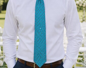 Corbata de seda geométrica turquesa vintage para hombre, corbata de tela italiana de los años 90, corbata clásica de negocios o boda.