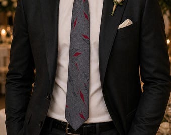 Corbata italiana vintage de seda, gris y rojo, con estampado abstracto y textura, hecha a mano, años 90.