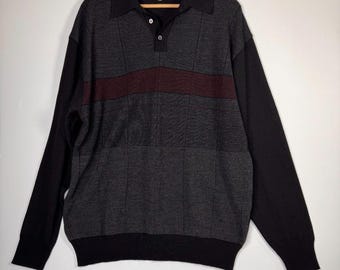 Suéter vintage Modango para hombre, talla XL, negro y gris, mezcla de lana merino, manga larga, tipo polo.