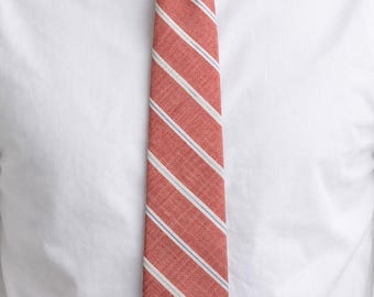 Corbata de lino vintage para hombre, corbata de rayas rojas, hecha en EE. UU., tela escocesa, ropa clásica para hombre