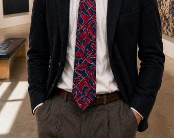 Corbata de seda vintage: corbata abstracta roja y azul de Georges Marciano, estilo años 90.