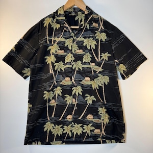 Vintage Hawaiian Shirt: Black Palm Tree Print, Royal Creations Medium