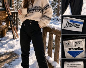 Pantalones de esquí Schoeller Vintage: Estribo negro, estilo retro alpino elástico, talla 14 para mujer.