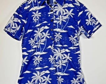 Camisa hawaiana vintage Go Barefoot, para hombre, talla XS, con estampado de palmeras azules, estilo Aloha