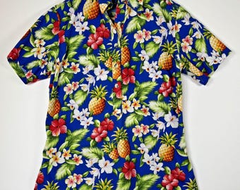 Camisa hawaiana vintage Go Barefoot con estampado de piña tropical azul, talla XS para hombre, hecha en EE. UU.