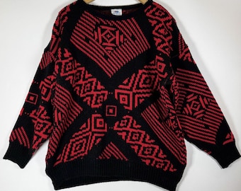 Vintage 80s Knitwaves Sweater | Red Black Geometric Abstract Pullover | Made in Australia Size 10