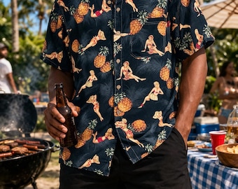 Camisa hawaiana vintage Nalu Pinup Girl Piña Camisa Aloha XL Hecha en EE. UU. Camisa retro Tiki