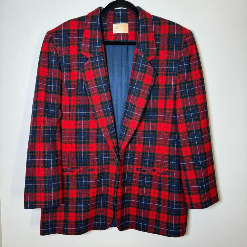 Vintage Pendleton Wool Blazer: Red Navy Tartan Plaid, Size 16, Made in USA image 1