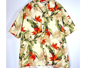 Camisa hawaiana Pacific Legend para hombre XL color crema con estampado floral Aloha de ave del paraíso