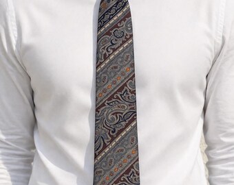 Corbata vintage italiana de seda con estampado paisley: Cosida a mano, Robert Talbott Heritage Menswear, Marrón Azul