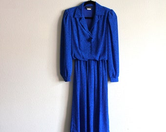 Vintage 80s Abstract Blue Dress / Sheer Long Sleeves / Artsy Seethrough Material