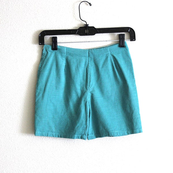 vintage turquoise corduroy shorts / high waist handmade no button shorts / side zipper