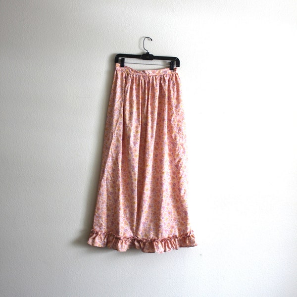 60s vintage boho floral skirt / handmade pink maxi skirt / tie back / pink purple flowers