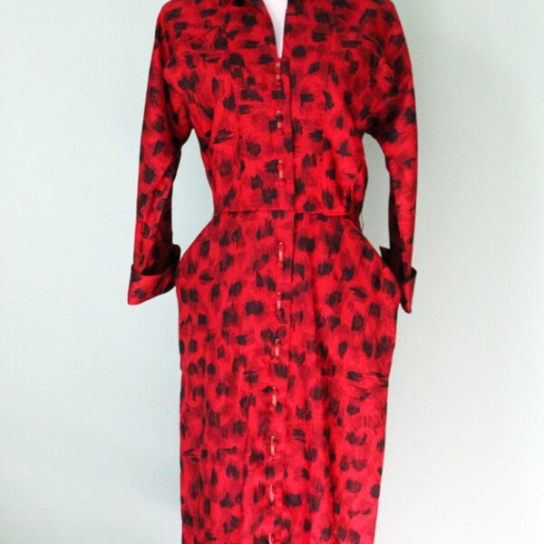 SALE vintage red and black spots silk dress / long sleeves, midi length, button up, polka dot, dalmatian, abby kent, medium