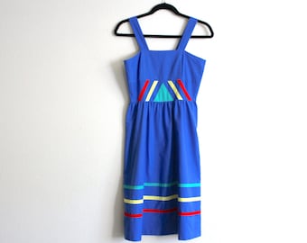 70s vintage colorful day dress / bright blue geometric tank day dress / size m/l