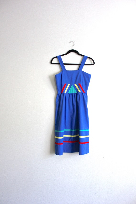 70s vintage colorful day dress / bright blue geome